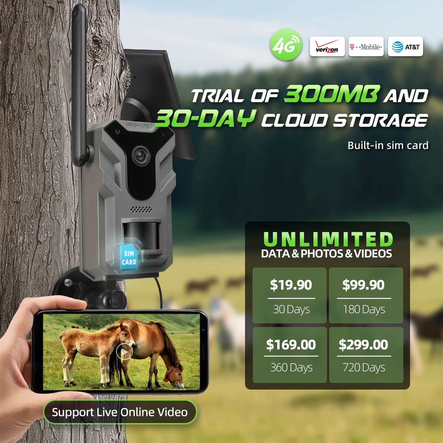 Cellular Trail Cameras 4G LTE, Live Streaming Game Camera with No Glow Night Vision Motion Activated Waterproof, Solar Trail Hunting Camera Built-in SIM Card for Wildlife Deer